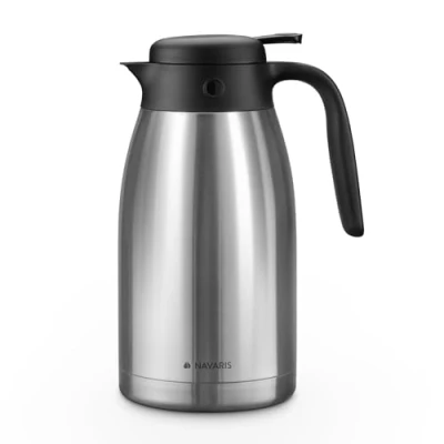 Immagine di Navaris Caraffa Termica 2 L Thermo Teiera in Acciaio Inox e Plastica Senza BPA Brocca con Tappo Ermetico Beccuccio Levetta Caldo 9 H Freddo 12 Argento