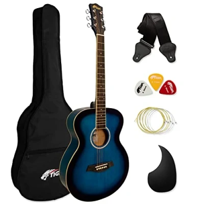 Immagine di TIGER ACG2 BL Chitarra acustica full size 4/4 con corde in acciaio per principianti La confezione include custodia, tracolla, piastra antigraffio e di ricambio Blu