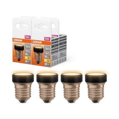 Immagine di OSRAM LED Star Flat da 3,5 W (come 28 W), 300 lm/2700 K, 827 bianco caldo, satinato, plastica nera, con filettatura E27, non dimmerabile, diametro 35 mm, confezione 4