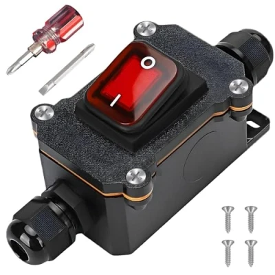 Immagine di interruttore in linea impermeabile, 20 A, 12 V, DC DPST a 4 poli, IP67, per cavi, on/off, bilanciere uso esterno, su entrambi i lati di