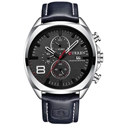 Immagine di orologio da uomo con cinturino in pelle, classico, casual, acciaio inox, impermeabile, cronografo data, analogico al quarzo (argento/nero), Argento/nero., Sportivo
