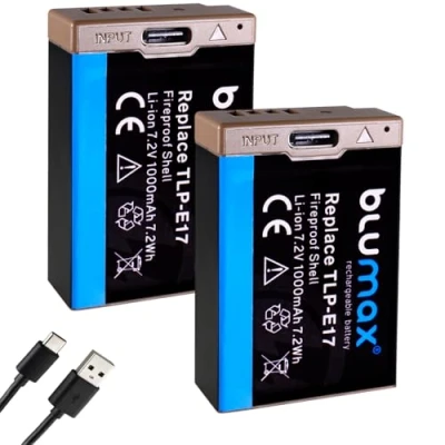 Immagine di Blumax 2 batterie LP E17 USB tipo C, ingresso 1000 mAh, compatibile con Canon EOS RP R8 R10 R100 77D 200D 250D 750D 760D 800D 850D, 60345