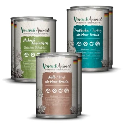 Immagine di Venandi Animal Premium cibo umido per gatti, confezione di prova II, pollo e coniglio, vitello, tacchino, 6 x 400 g, senza cereali naturale, 2.4 kg