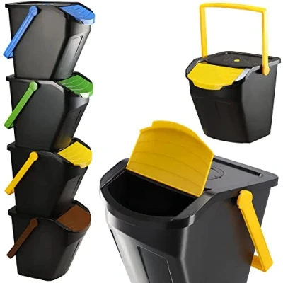 Immagine di KADAX Sistema di Pattumiere Impilabili in Plastica per la Raccolta Differenziata, Bidoni della Spazzatura con Coperchio Interno (Set 4, 25 L)
