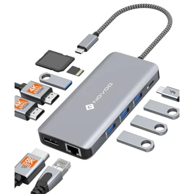 Immagine di Docking Station USB C, NOVOO 11 in 1 Hub Triplo Display con 2 HDMI 4K@60 Hz, DP 4K@120Hz, RJ45 Ethernet, 100W PD, Lettore SD/TF e 4 Porte Adattatore multiporta per MacBook/Dell/HP/Surface