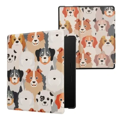 Immagine di kwmobile Custodia eReader Compatibile con Amazon Kindle Oasis 10. Generation Cover eBook Reader Flip Case bianco/marrone chiaro/grigio Cani