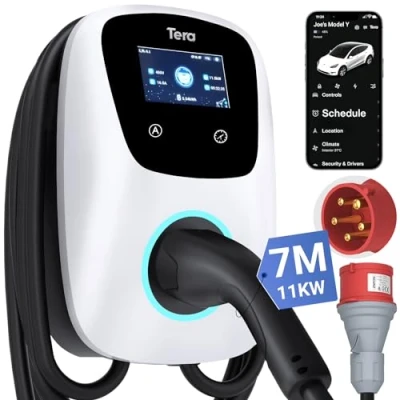 Immagine di caricatore intelligente per veicoli elettrici Tera Type 2 Wallbox con APP 11kW 16A 400V CE&amp;TÜV WLAN e Bluetooth, cavo di ricarica da 7m supporto PHEV W01 bianco