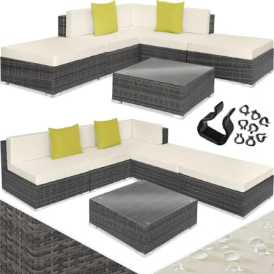 Immagine di TecTake® Set Rattan Paris, Salotto da Giardino Esterno in Polyrattan, Telaio Alluminio, Poltrone, Tavolino con Lastra Vetro, 2 Cuscini Aggiuntivi Grigio
