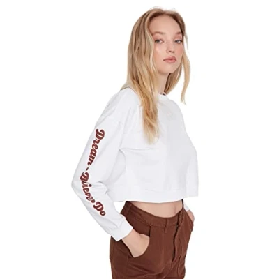 Immagine di Trendyol Felpa Girocollo Normale Maglia di Tuta, Ecru, L Donna
