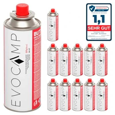 Immagine di EVOCAMP 12x bombole di gas butano 227g per fornello da campeggio, riscaldatore a gas, bruciatore erbacce, bombolette campeggio tipo MSF 1a, cartucce pressione universale