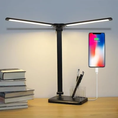 Immagine di iVict Lampada Da Scrivania LED, 5 Modalità d&#039;illuminazione 10 Livelli di Luminosità, Funzione Memoria, Due Porte Ricarica, Timer per Lettura, Cameretta, Ufficio, Bianca
