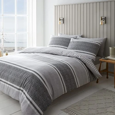 Immagine di Catherine Lansfield Set copripiumino singolo reversibile con federa, motivo a righe, colore: grigio antracite