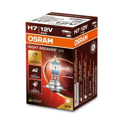 Immagine di OSRAM NIGHT BREAKER 220, H7, +220% di luminosità in più, lampada faro alogena, 64210NB220, scatola pieghevole (1 lampada)