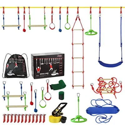Immagine di ALPIDEX Ninja Warrior Set Gioco Bambini Slackline Percorso Sospeso Ostacoli Anelli Ginnastica Nodi Corda Altalena Scaletta Accessori, Stil:Fun