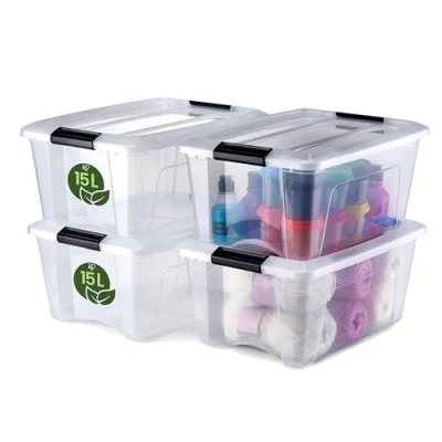 Immagine di Iris Ohyama, Boite Rangement Plastique avec Couvercle, 15L, Lot de 4, Transparent, 100 % en Recyclé, Clips Fermeture, Poignée, Empilable, pour Chambre, Dressing, Bureau, Sans BPA, NTB 15