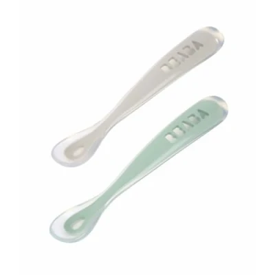 Immagine di BÉABA Cucchiaio in silicone per Bebè e Neonato Cucchiaino Svezzamento Set di 2 Con custodia trasporto grigio verde