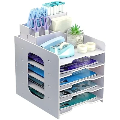 Immagine di TSDRBWO 5 Livelli A4 Organizer Scrivania Ufficio Lmpilabile con Portapenne, Porta Documenti Legno Pastico, Portadocumenti Bianco, Orizzontale Portaoggetti Vassoio Per Scuola Studio