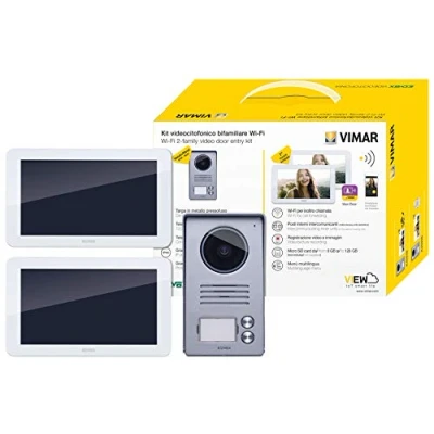 Immagine di VIMAR K40956 Kit videocitofonico da parete con: 2 videocitofoni touch screen vivavoce Wi Fi a colori LCD 7&quot;, targa audiovideo pulsanti, alimentatori, completo di staffe per il fissaggio, bianco
