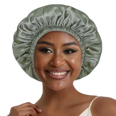 Immagine di Hat Hut Cuffia Seta Capelli Notte per Ricci, Berretto da Raso, Involucro di Dormire Donna Uomo, Regolabile Reversibile (Verde Oliva/Nero, Taglia unica)
