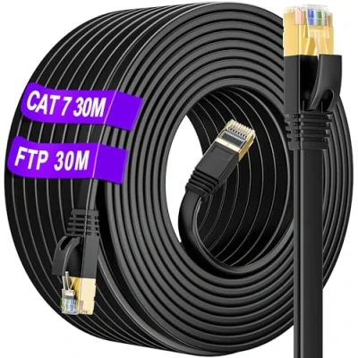 Immagine di Cavo Ethernet Cat 7 da 30 Metri, di Rete LAN Piatto S/FTP Schermato Gigabit RJ45 ad Alta Velocità, Interno Esterno Patch Internet 10Gbps 600MHz per Switch Router Modem PC (30 Clips)