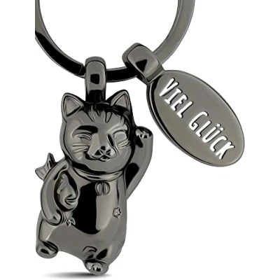 Immagine di LANOLU portachiavi a forma di gatto portafortuna Maneki Neko, Lucky Cat. portafortuna, coraggiatore, regalo addio, per gli amanti dei gatti, statuetta in metallo, s,