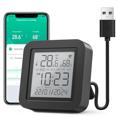Immagine di GHome Smart Termometro Igrometro Wi Fi, Igrometro, Telecomando con IR, Collega alla Rete Fi (2,4 GHz),Compatibile Alexa e Google,Per l&#039;uso in Case, Cantine Serre，1PCS