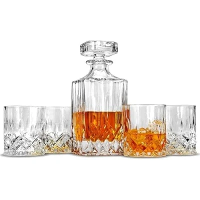 Immagine di Virsus Set 1 Bottiglia e 4 Bicchieri per Whisky in Vetro WH001, da 900ml 250 ml, Decanter Trasparente senza Piombo, Kit 5 Pezzi liquore, rum, gin cognac, Idea Regalo