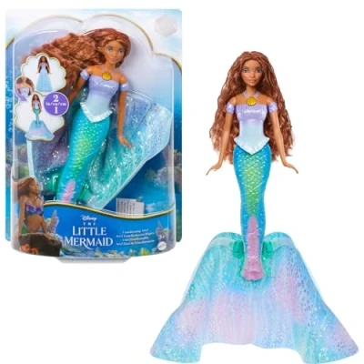 Immagine di Mattel Disney la Sirenetta Ariel bambola Trasformabile, cambia da umana a sirena, premi collana e l&#039;abito blu diventa una coda sirena multicolore, giocattolo per bambini, 3+ anni, HLX13