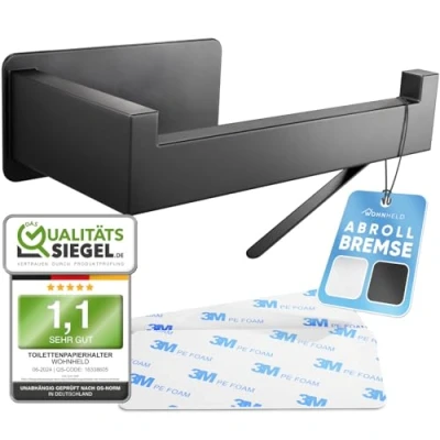 Immagine di WOHNHELD® Portarotolo carta igienica senza forature [con freno a rotolo] in acciaio inox argento e nero Porta rotolo di forare WC