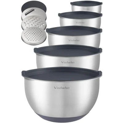 Immagine di Winzbacher ciotola in acciaio inox con coperchio [set da 5 pezzi] 1 l + 1,5 2,5 3,5 4,5 per insalatiera, set di ciotole, antiscivolo impilabile lavabile lavastoviglie