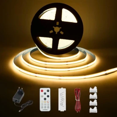 Immagine di Enteenly Striscia LED COB Bianco Caldo 3 Metri, Kit Luce Sottopensile con Telecomando RF per Vetrina, Cucina, Scrivania, Mensola, Armadio, Adattatore 24V, 2700K