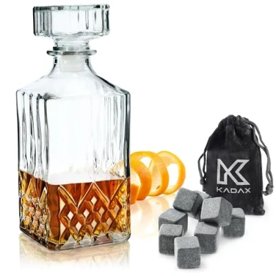 Immagine di KADAX Decanter per bevande, elegante caraffa da whisky uomini, classica di vino dal design unico, bottiglia come regalo (1 pezzo + set pietre fredde)