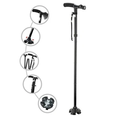 Immagine di Bastone pieghevole con luce a LED, regolabile in altezza, leggero, pieghevole, cuscino T e base girevole