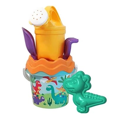 Immagine di Simba Giocattolo Dino Baby Set di 6 secchielli, Pezzi, Secchio, colino, a Forma Sabbia, Pala, rastrello, annaffiatoio, 11 cm, Diametro: 14 dai 10 Mesi in su, Multicolore, 107114603