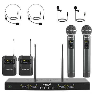 Immagine di Phenyx Pro Sistema microfonico wireless, set di microfoni wireless a 4 canali con palmari, bodypack, cuffie e cappelli, microfono cordless per canto, karaoke, chiesa (PTU 5200B)