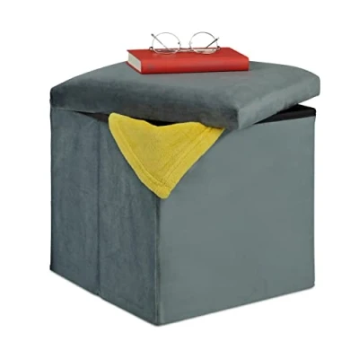 Immagine di Relaxdays Pouf Contenitore Pieghevole, Sgabello Poggiapiedi Imbottito, HxLxP: 38x38x38 cm, MDF e Velluto, Grigio Scuro, 60% Fibra di Legno 30% 10% gommapiuma, 1 pz