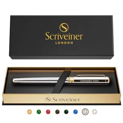 Immagine di Scriveiner Penna Rollerball Personalizzata Cromo Argento, Finitura Oro 24K, Ricarica Schmidt, Set Regalo di Lusso per Uomini e Donne con Incisione del Nome