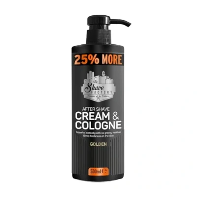 Immagine di The Shave Factory Crema dopobarba e colonia 2 in 1, 500 ml, 25% più, per barbieri professionisti/parrucchieri appassionati di rasatura tradizionali (dorato)