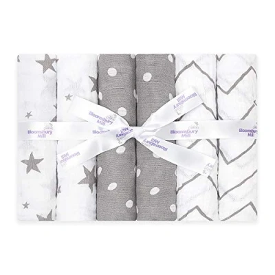 Immagine di Bloomsbury Mill Mussole Neonato Cotone Set da 6 Teli Quadrati In Mussola Per Bambini/Bebè 100% Puro Biologico Grigio e Bianco Ipoallergeniche Morbide 70x70cm