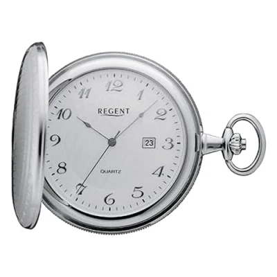 Immagine di Regent Orologio da tasca uomo Savonnette con coperchio in acciaio inox, diametro 48 mm, data al quarzo, diverse varianti, P 751 Argento/Argento numeri arabi