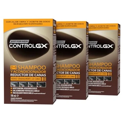Immagine di Just For Men Controllo GX Shampoo e Balsamo per capelli grigi uomo, riduce gradualmente permanentemente i in ogni lavaggio, tutte le tonalità, 118 ml (3 confezioni)