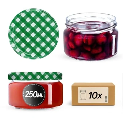 Immagine di KADAX Piccoli vasetti per conserve da 250 ml, con coperchio, ermetici regalare, mini barattoli miele e spezie (10 pezzi, a quadretti verdi)
