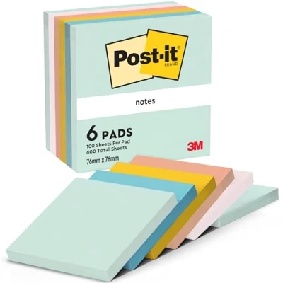 Immagine di Post it Foglietti, Collezione Beachside, Confezione da 6 blocchetti, 100 Fogli Per blocco, 76 mm x mm, Colori Verde, Giallo, Arancione, Azzurro, Rosa. Appunti, Elenchi &amp; Promemoria