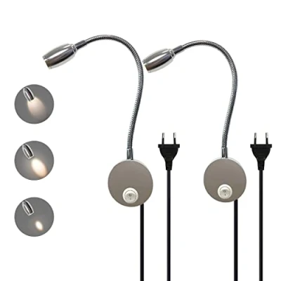 Immagine di lampada da lettura a parete, messa fuoco regolabile, flessibile, collo di cigno, LED con spina e interruttore, letto in alluminio 3 W, per camera letto,
