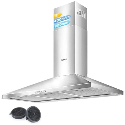 Immagine di COMFEE&#039; Cappa Aspirante 90 cm PYRA17SS Acciaio Inossidabile Cucina con LED, Sistema di Ricircolo e Canalizzazione Filtri a Carbone