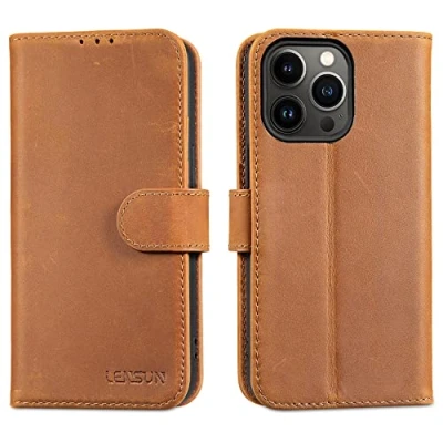 Immagine di Lensun Cover per iPhone 13 Pro, Custodia in Vera Pelle [RFID Blocking] Libro con Portafoglio Chiusura Magnetico Flip Custodie Cuoio Telefono Pro Marrone Retrò