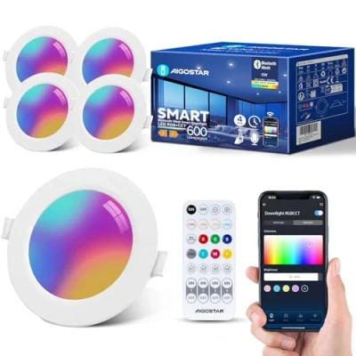 Immagine di Aigostar Faretti LED da Incasso per Cartongesso 6W, Smart Bluetooth Mesh Lampada Soffitto, RGB Dimmerabile, Bianco Caldo a 2700 6500K, Compatibili con Alexa, App Controllo, Ф100 110mm, 4 unità