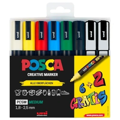 Immagine di Faber Castell uni ball 186826 Set di pennarelli POSCA, confezione da 8 penne acriliche PC 5M, 1,8 2,5 mm, 6 colori standard + 2 speciali alternati