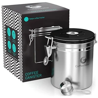 Immagine di Coffee Gator contenitore in acciaio inox per fondi di caffè e chicchi con date tracker, valvola a rilascio CO2 misurino, piccolo, grigio