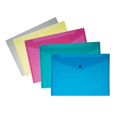 Immagine di Busta con Bottone Formato A5, Portadocumenti in Polipropilene Chiusura a Pressione, Colori Assortiti, Confezione da 5 Pezzi